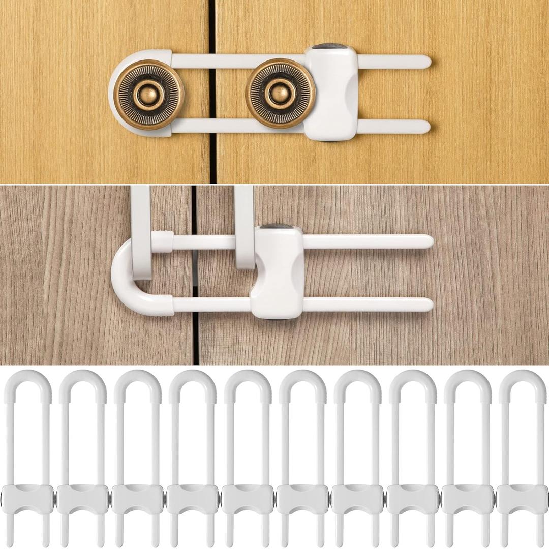Jetec 10 Pieces Cabinet Locks for Babies, U-Shaped Proofing Drawers Safety Child Locks Adjustable, Easy to Use Childproof Latch for Knob Handle on Kitchen Door Storage Cupboard Closet (White) (White)