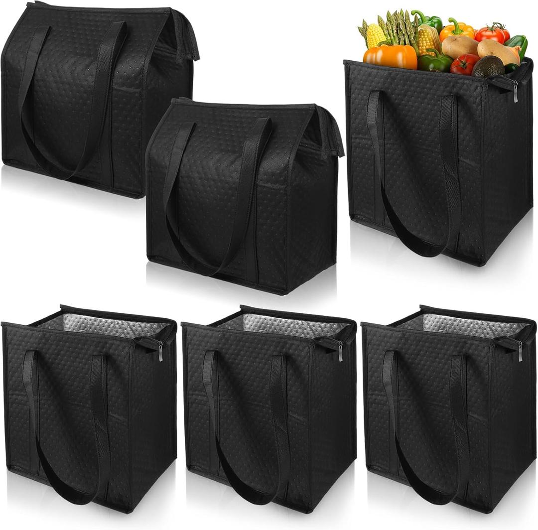 6 Pcs Insulated Grocery Bags  Reusable Thermal Shopping Totes with Zippered Top for Hot/Cold Food Delivery, Picnics & Groceries (Black)