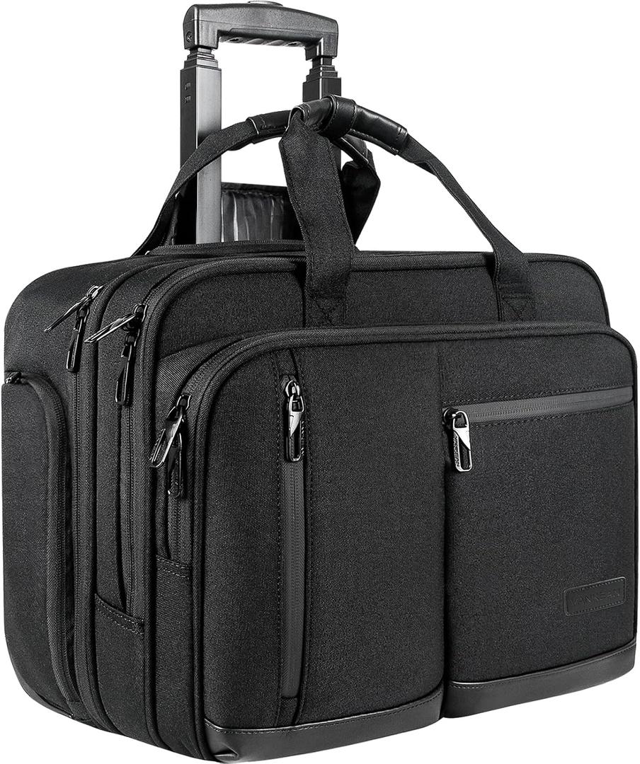 VANKEAN 17.3 Inch Rolling Laptop Bag, Waterproof Overnight Rolling Bags, Laptop Bags for Travel/Work/Business, Stylish Carry on Briefcase, Black, 18.1 x 14.2 x 9 inches