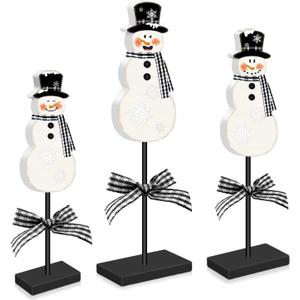 3 Pcs Winter Table Decor Rustic Wooden Snowman Centerpiece Standing Snowman Tabletop Sign Holiday Christmas Black Hat Snowflake Decorations for Home Kitchen Mantel Tiered Tray Display