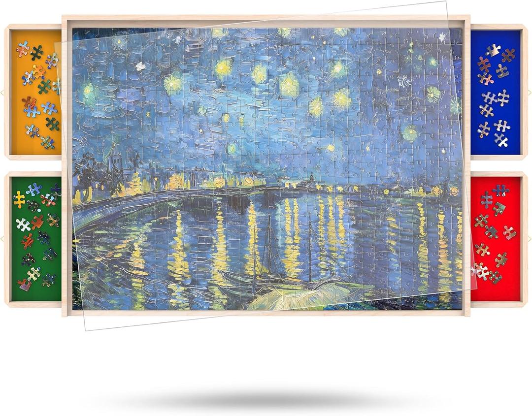 1500 Piece Puzzle Board with Drawers Rotatable 360-Degree Wheels and Cover 34" x 26" Wooden Jigsaw Puzzle Table Storage Organizer Portable Lightweight Design