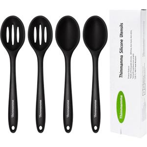 Silicone Cooking Spoon, Nonstick Kitchen Spoons for Cooking, Slotted and Solid Serving Spoon Heat Resistant, Silicone Mixing Spoons Basting for Nonstick Cookware, 4 Pack