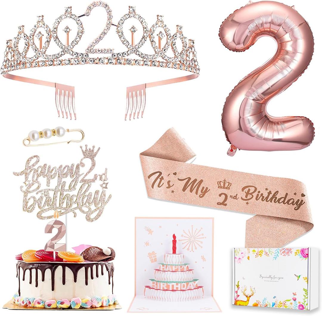 2nd Birthday Decorations for Baby Girls, Including 2 year old Birthday Cake Topper, Birthday Queen Sash with Pearl Pin, Sweet Rhinestone Tiara Crown, Number Candles and Balloons Set, Rose Gold