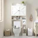 MUUEGM Over The Toilet Storage Cabinet with Barn Doors, White Bathroom Organizer, Farmhouse Tall Bathroom Storage Cabinet with Toilet Paper Holder, Above Toilet Shelf for Restroom, Laundry