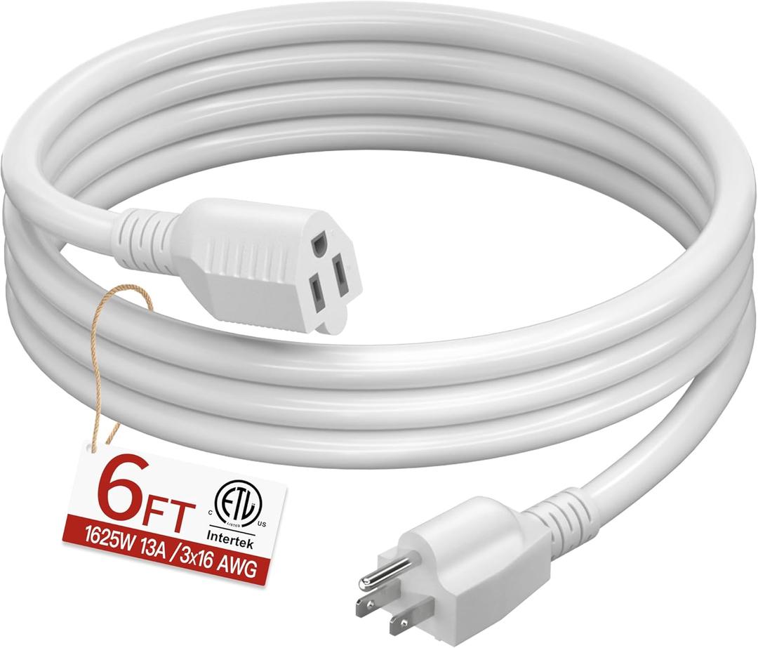 16/3 Short Extension Cord 6 FT, White Extension Cord Flexible & Durable, Indoor 3 Prong Power Cable, Suitable for Home and Office, 13 Amp 1625 Watt 125VAC 16AWG, ETL Listed