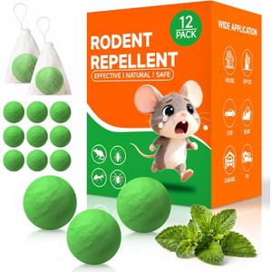 Rodent Mouse Repellent 12 Pack, Peppermint Oil Rodent Repellent Balls, Safe for Family & Pets, Indoor & Outdoor Moth Balls for Mice Rat Roach Spider Ant Squirrel, for Home Garage Basement Kitchen