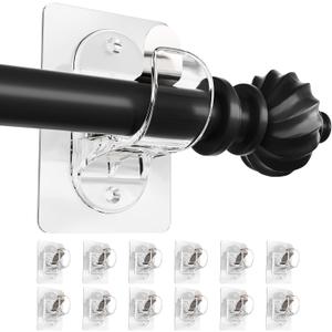 Curtain Rod Holders No Drilling, (12-Pack) No Screw Self Adhesive Curtain Rod Brackets, Nail-Free Adjustable Curtain Rod Hooks, Stick on Wall Hanging Hold Up to 20lbs