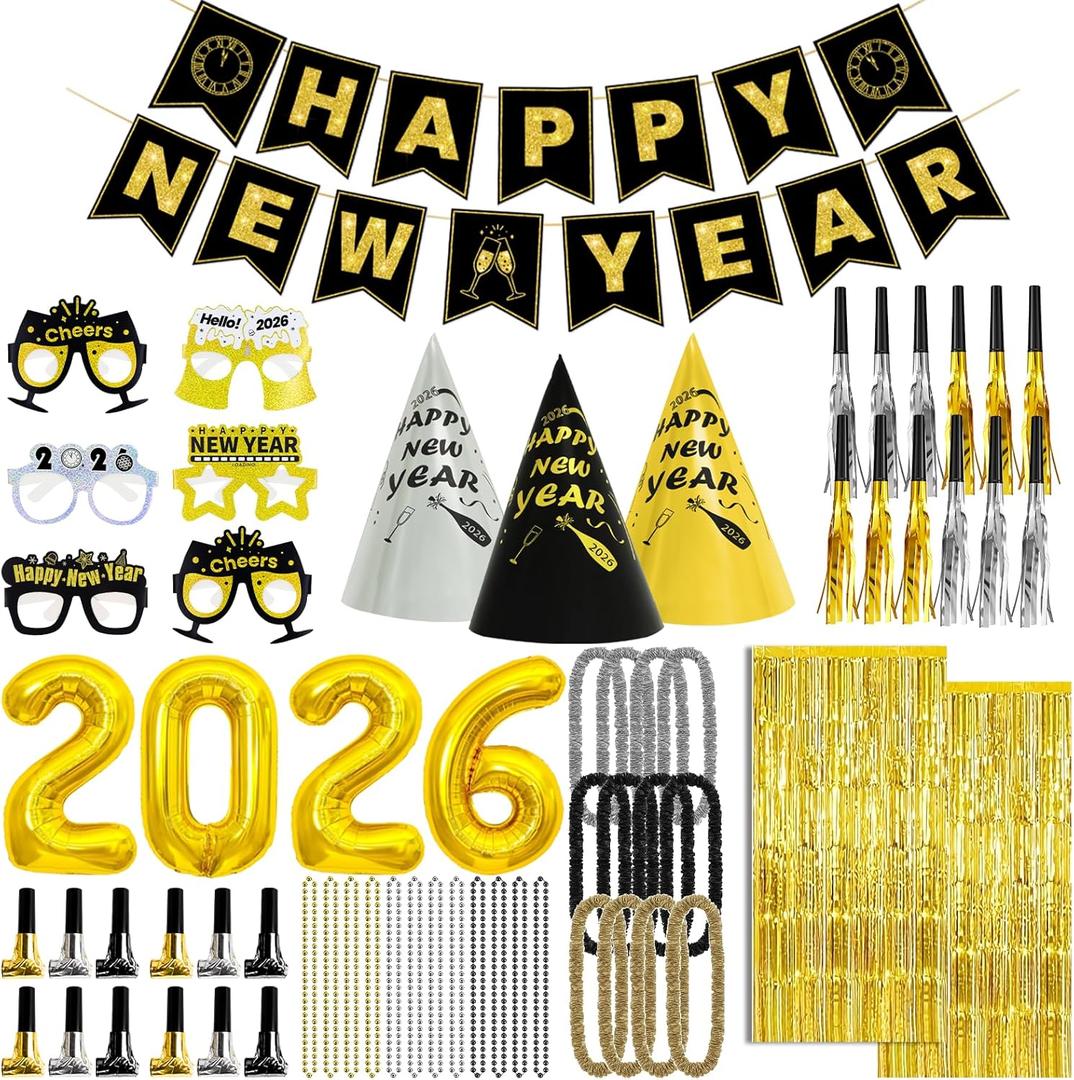 New Years Eve Party Supplies 2026 for 24, New Years Eve Party Decorations, a Banner, 12 Hat, 12 Glasses, 24 Blowouts, 12 Leis, 12 Necklaces 2 Foil Fringe Curtains,32 Inches "2026" Foil Balloons