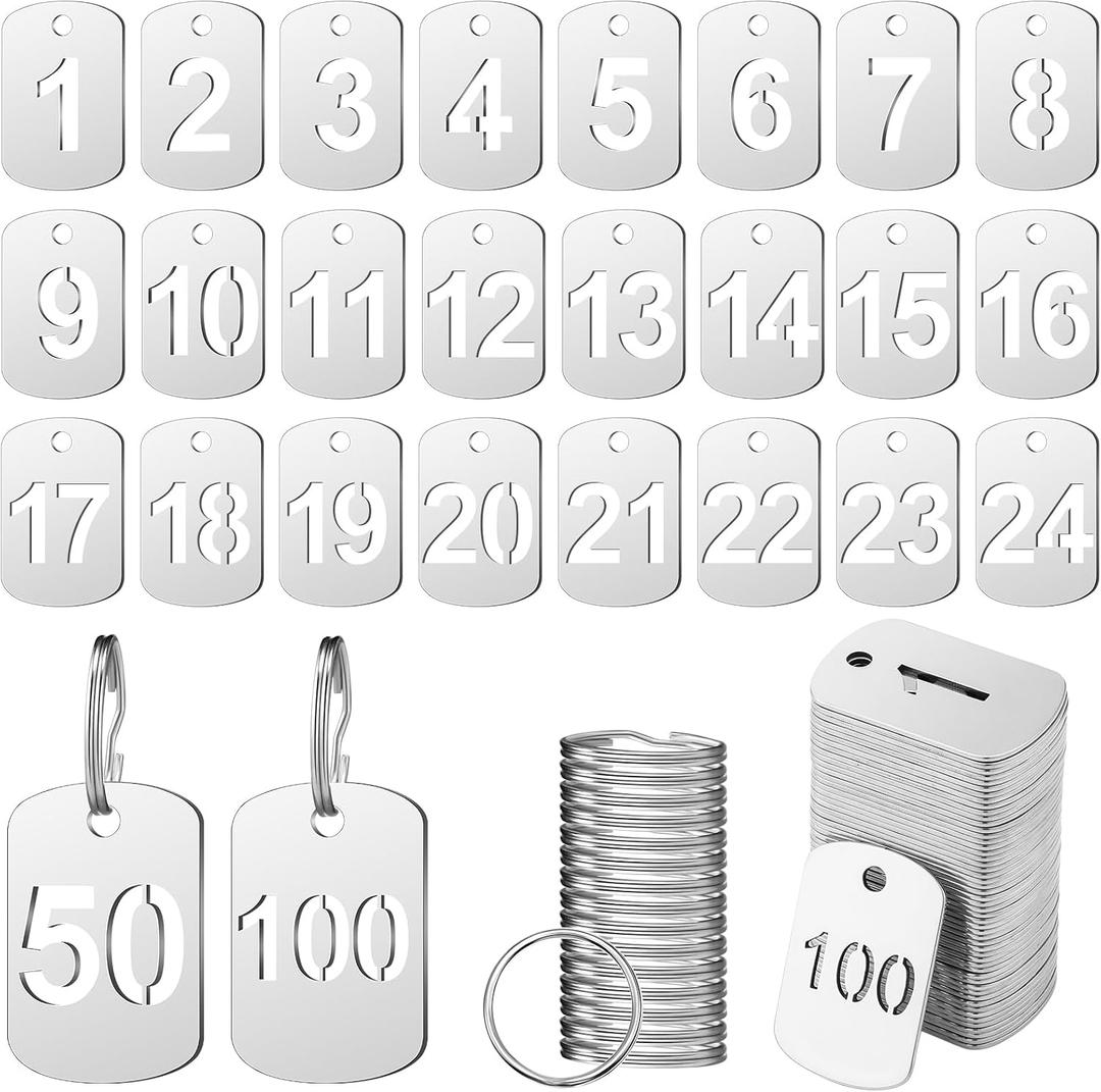 Zonon 1-100 Numbered Metal Tags with Key Rings Hollowed Stainless Steel Number Tags Metal Coat Check Key ID Label for Home, Office Dormitory Cabinet House Lockers(Rectangle)