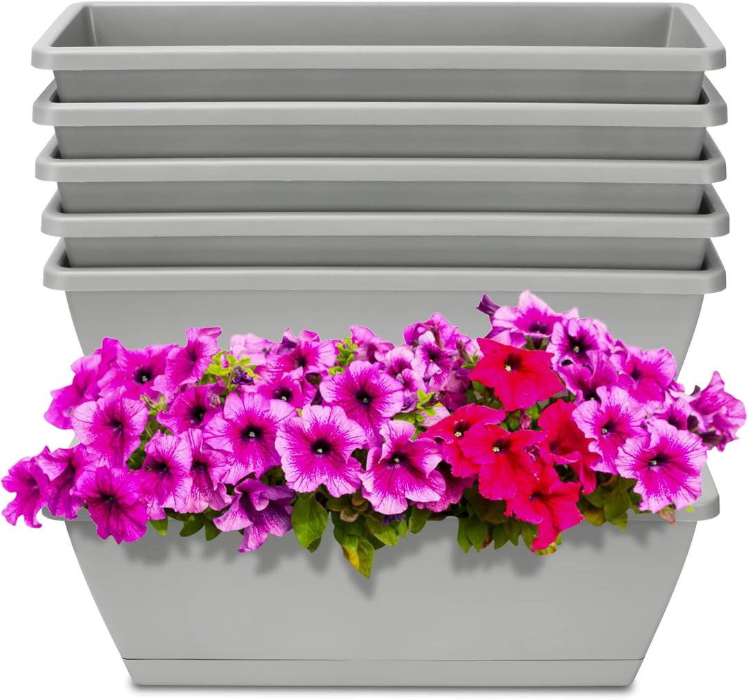 Window Box Planter, 6 Packs 17 Inches Rectangle Planters Box with Drainage Holes and Trays, Vegetable Planters for Windowsill Patio Garden Home Decor Porch Yard Light Gray