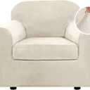 H.VERSAILTEX Rich Velvet Stretch 2 Piece Cover Chair Slipcover Sofa Cover Furniture Protector Couch Soft with Elastic Bottom Chair Couch Cover with Arms Width Up to 49 Inch(Chair, Ivory)