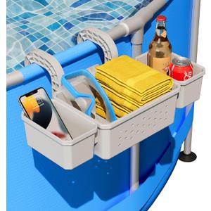 Poolside Storage Basket with 2 Cup Holder, Stretchable Pool Toy Basket for Towels Beverages, Pool Accessories for Most Frame Above Ground Swimming Pools (1 Pack), Grey