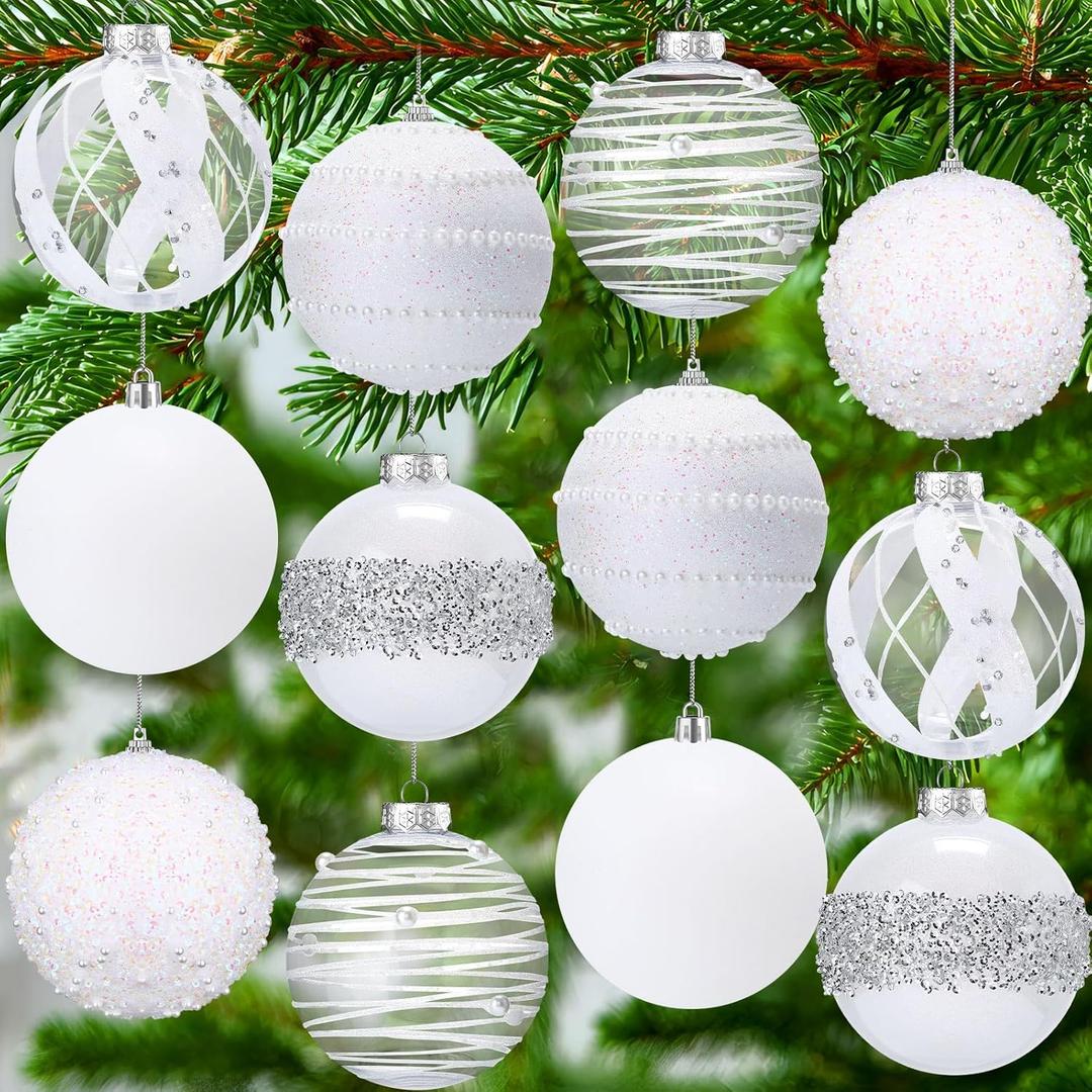 Lyrow 12 Pcs 4 inch Christmas Balls Ornaments Glitter Shatterproof Christmas Decorations Tree Balls Sparkly Holiday Ornaments Bulk for Xmas Trees(White, Silver)