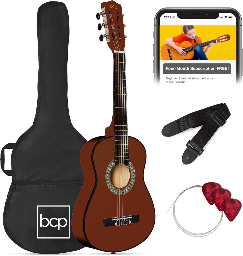 Best Choice Products 30in Kids Acoustic Guitar, All-in-One Beginner Starter Kit w/Strap, Case, Extra Strings, Rosette Inlay - Mahogany Stain