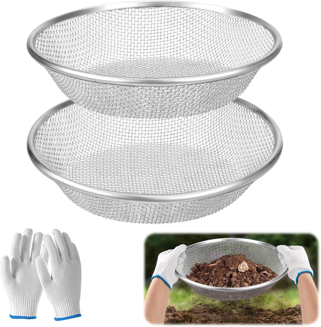 2PCS 1/8 Inch Mesh Soil Sifter for Gardening,Compost Sifter for 5 Gallon Buckets,Garden Sieve Rock Sifters for Captures Dirt Rocks Sawdust,Includes Gloves