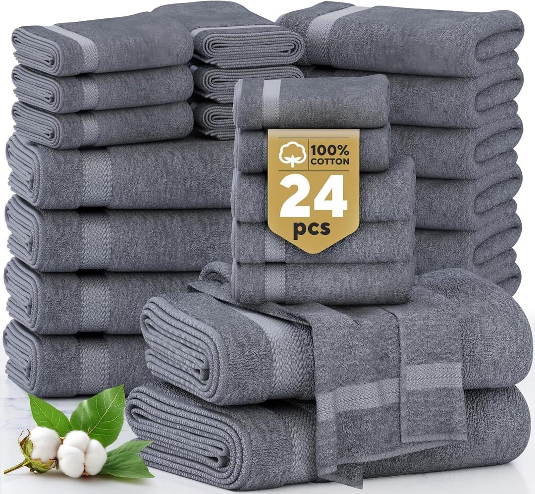 LANE LINEN 100% Cotton Towel Set for Bathroom - 24 Pcs, Ring Spun - Plush, Soft & Absorbent - 2 Bath Sheets, 4 Fingertip, 4 Bath, 6 Hand Towels, 8 Washcloths - Suitable for All Skin Types - Cool Grey