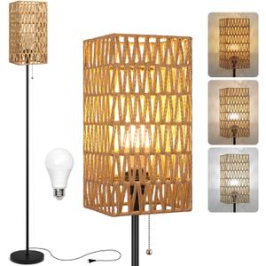 Floor Lamp for Living Room,Farmhouse Floor lamp,Modern Standing lamp with Hand-Worked Rattan Shade (Square Shade-3 Color Blub)