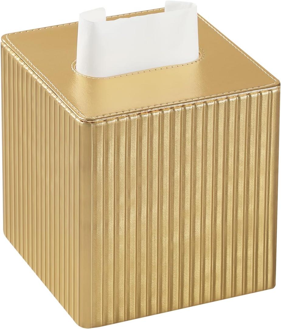 PU Leather Tissue Box Cover Square, Rectangle Tissue Box Holder with Magnetic Closure, Decorative Tissue Holder for Bathroom Bedroom Office (Gold, Square)