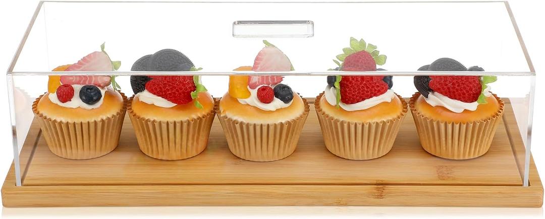 1 Pack Rectangle Cake Stand with Lid Bamboo Cake Plate Holder Cookie Dessert Tray with Lid Pastry Display for Kitchen Baking Gifts, Large Rectangle Tray Platter and Acrylic Cover, 15 x 6.5''