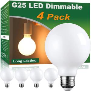 Vinaco Dimmable G25 LED Globe 2700K Warm White, 4 Pack G25 Vanity Light Bulbs 450LM, Matt Opal Glass G 25 Bulb LED 6W Equivalent 60W 120V, E26 Flicker Free G 25 led Bulb for Bathroom Vanity Mirror