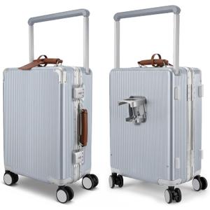 20 Inch Zipperless Carry On Luggage PC Aluminum Frame Suitcase | Hard Shell Suitcase With Spinner Wheels, 22x14x9 Airline Approved , Wide Handle, Cup Holder, TSA Lock, Silver&Brown