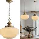 Vintage Milk Glass Pendant Light, 13.8" Brass Color Ceiling Light Fixture, Adjustable Height Chandelier for Kitchen Island, Dining Room, Hallway, Bedroom, Foyer, E26 Bulb Included