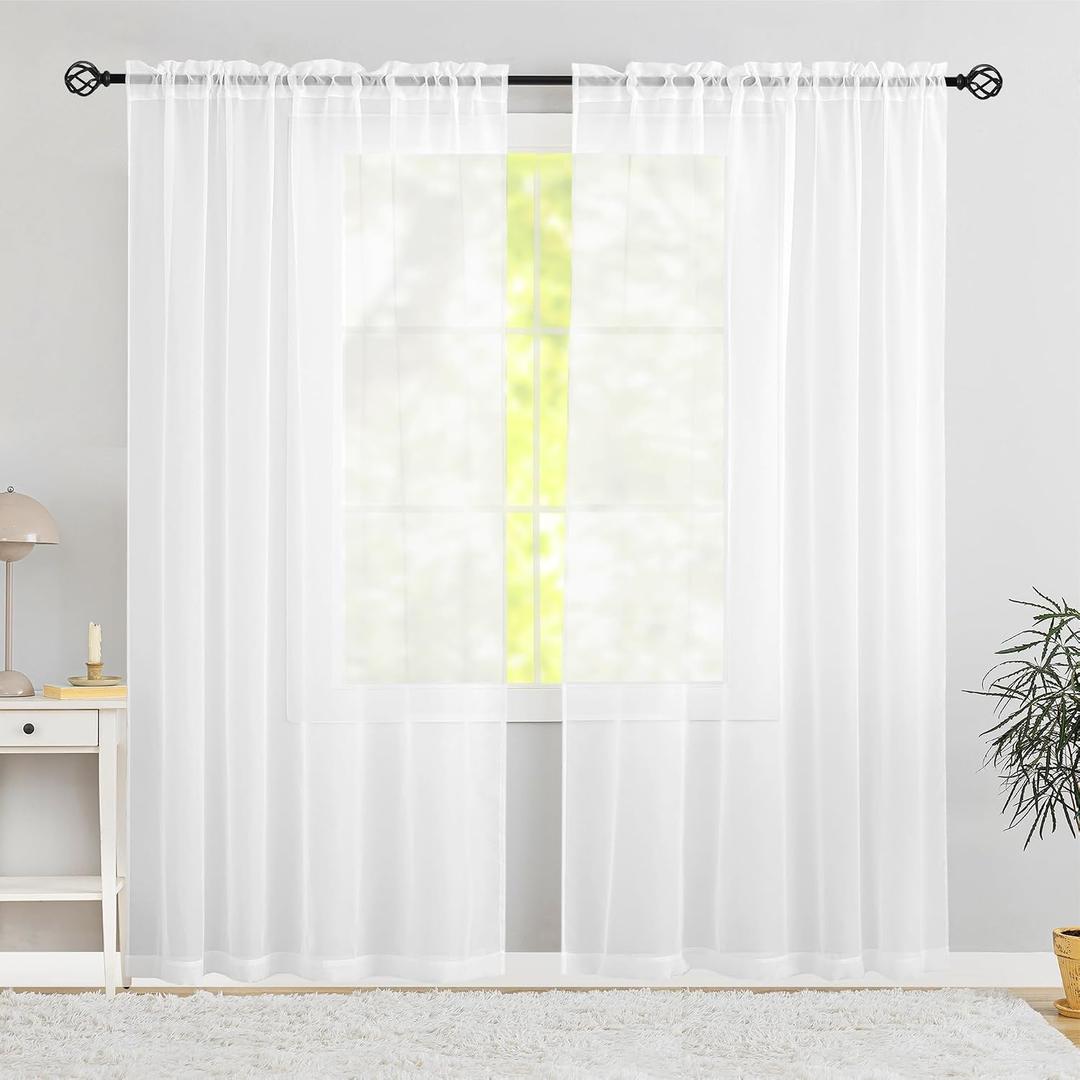 Semi Voile White Sheer Curtains 84 Inches Long 2 Panels Rod Pocket Window Treatment for Living Room Bedroom Dining Room(White 70" W x 84" L)
