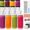 Encheng 12 Pack 16oz Glass Juice Bottles,Reusable Juicing Bottles with Lids and Straws,Embossed Juice Containers Kombucha Bottle Smoothies Jars for Water, Iced Coffee,Party,Travel