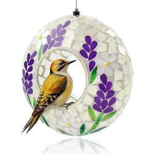 SAVENNA Mosaic Glass Hanging Bird Feeder, 6.3 Inch Handcrafted Outdoor Feeder with Steel Wire Rope, Decorative Garden & Patio Feeder for Wild Birds, Lavender Floral Mosaic Design