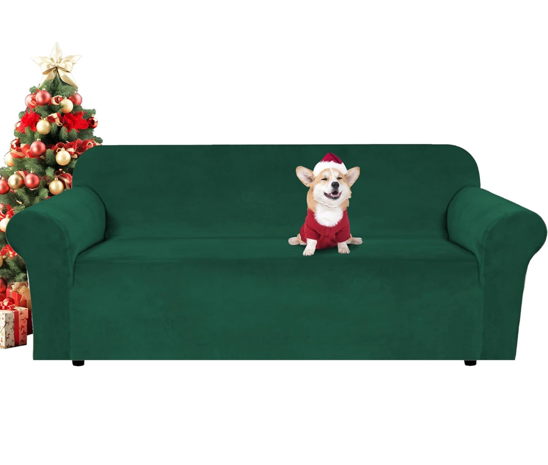 H.VERSAILTEX Stretch Velvet Sofa Covers for 3 Cushion Couch Covers Furniture Protector Soft with Non Slip Elastic Bottom, Crafted from Thick Comfy Rich Velour (Large Sofa 90"-97", Green)