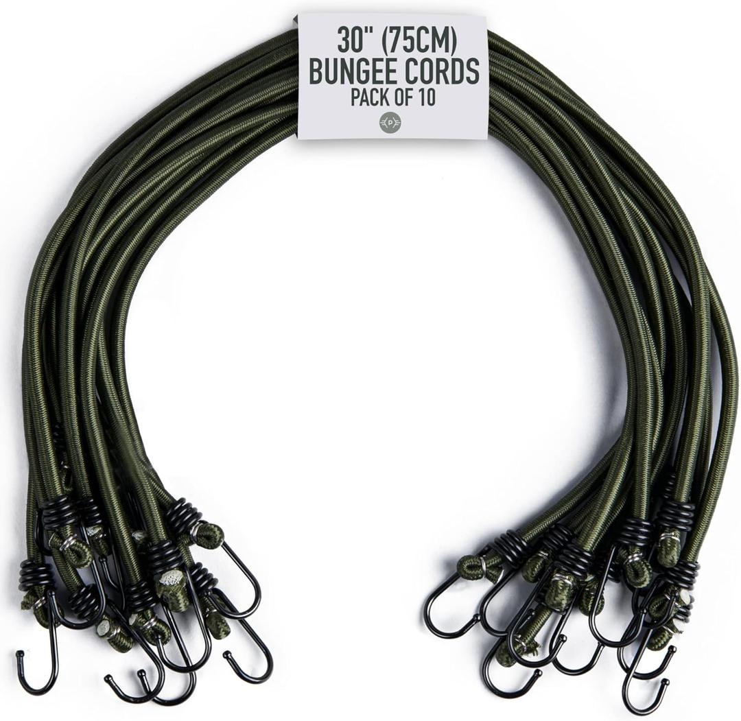 Pluvios - 30" (75CM) Bungee Cords with Hooks Heavy Duty Outdoor - 10 Pack  Choice of Sizes - Multi-Purpose Elastic Bungee Straps for Luggage, Camping - Weatherproof & UV
