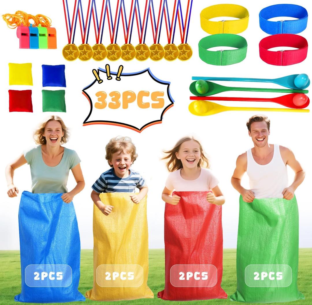 33PCS Potato Sack Race Bags, Outdoor Games for Kids Adults, with Potato Sacks, 3 Legged Race Bands, Bean Bag Toss, Egg Spoon Game, Medals, Whistle, for Carnival Birthday Party Outside Yard Field Day Games