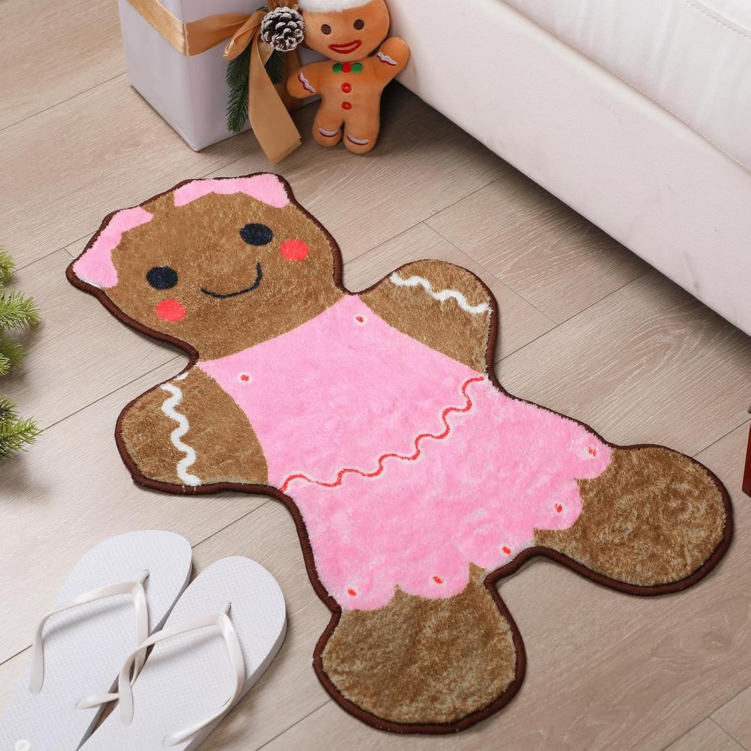 Dunzy Pink Christmas Tufted Gingerbread Bath Rugs 29.53 x 15.75 Inch Nonslip Bathroom Welcome Mat House Doormat Cute Soft Absorbent Bathtub Rug for Xmas Kitchen Door Decorations, 10" x 12"
