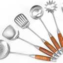 18/10 Stainless Steel Kitchen Utensils Set 6 Pcs Metal Cooking Utensil with Wood Handle, 15.5 Long Spatula, Soup spoon, Leaking shovel, Spaghetti Spoon Kitchen Tools Set (Wood handle - 6 Piece)