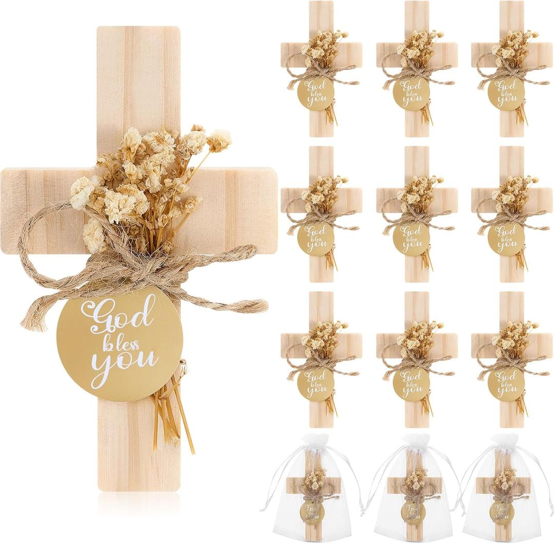 Flutesan 12 Sets Baptism Favors for Guests First Communion Wooden Cross Fridge Magnets with Flower and Bag, Christian Souvenirs Gift for Party Decoration, Baby Shower, Kitchen Decor (Classic,Brown) (Natural)