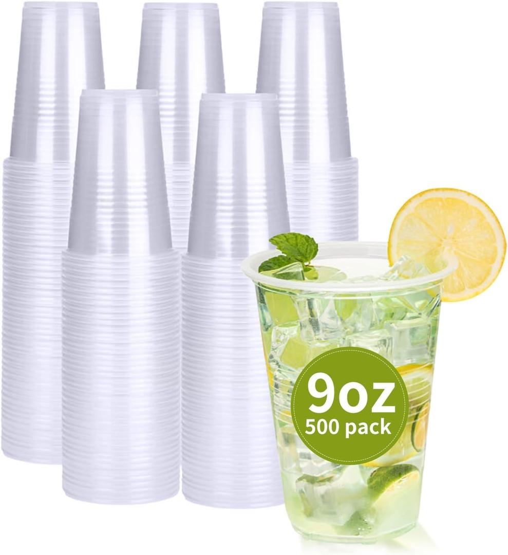 RACETOP 500 Pack 9 oz Plastic Cups, Clear Disposable Plastic Cups Bulk, Cold Drinking Party Cup, Transparent for Wedding, Thanksgiving, Christmas, Party