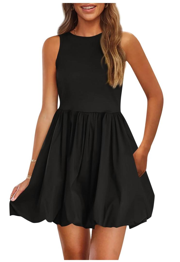 PRETTYGARDEN Summer Dresses for Women 2025 Casual Sleeveless Tank Mini Short Dress Crew Neck Bubble Sundress with Pockets, size small