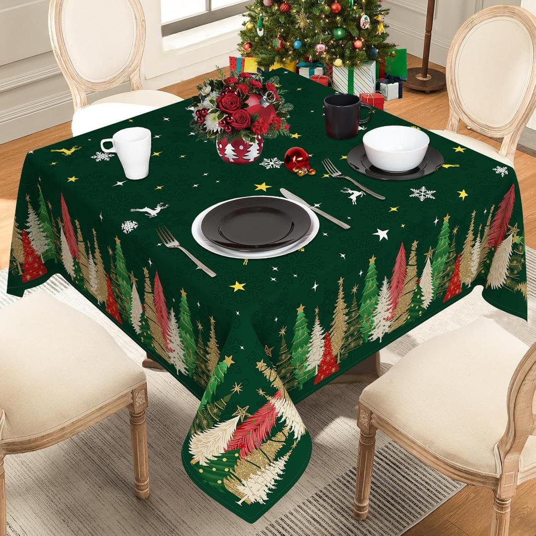 Square Christmas Tablecloth 70 x 70 Inch, Green Xmas Holiday Christmas Tree Table Cloth Square Table