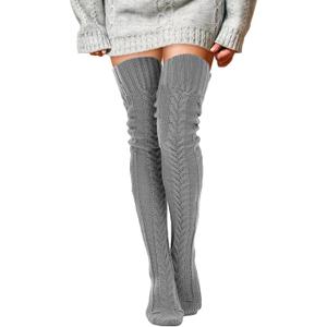 Buauty Women's Cable Knitted Boot Socks Extra Long Thigh High Winter Stockings Over Knee Leg Warmers (Grey-pure)