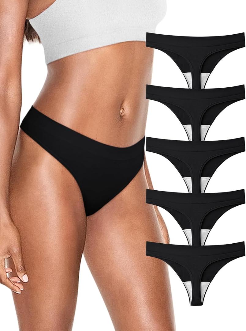 REORIA High Waisted Thongs for Women Breathable Seamless Thong Panties Sexy No Show Underwear 5 Pack X-Small, Black