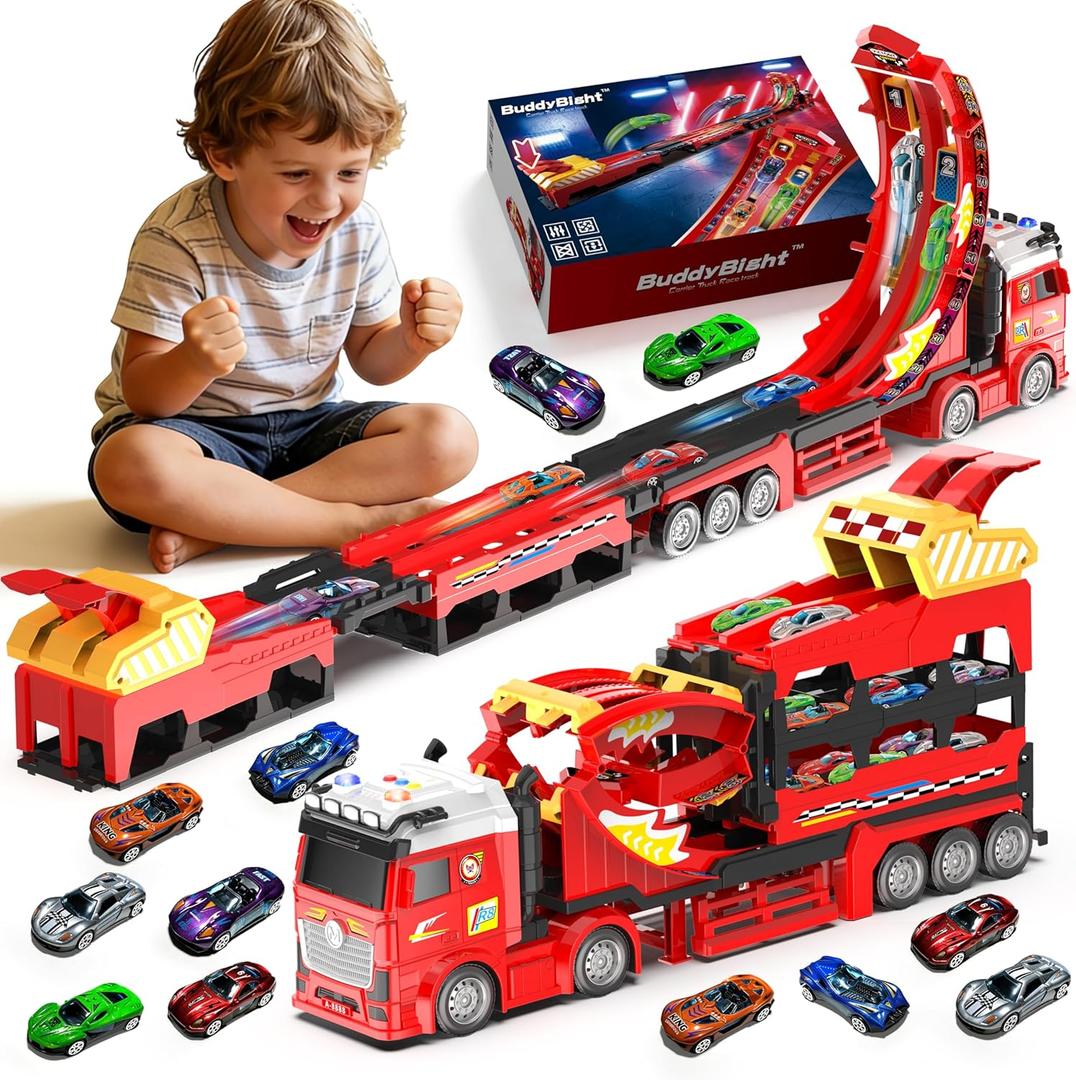 3in1 Carrier Truck with 45-Inch Foldable Race Track, Toy Trucks for Kids Ages 4-8 w/12 Metal Diecast Cars Toys, Trucks for Toddlers 2-4 Years w/Light & Sound, Kids Toys Gift for Boys & Girls Age 3+