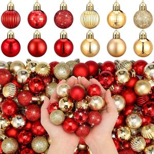 Shappy 216 Pcs Mini Christmas Ball Ornament 1.18 Inch Small Christmas Tree Decorations 6 Styles Shatterproof Xmas Ball with Hanging Loop for Holiday Party Wreath Xmas Tree(Red, Gold)