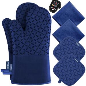 KEGOUU Oven Mitts and Pot Holders 6pcs Set, Kitchen Oven Glove High Heat Resistant 500 Degree Extra Long Oven Mitts and Potholder with Non-Slip Silicone Surface for Cooking(Marine Blue)