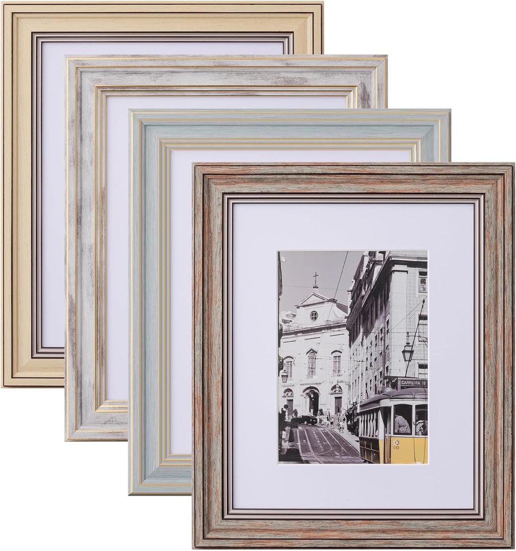 eletecpro 8x10 Vintage Picture Frames Set of 4 Display 5x7 Photos with Mat Rustic Photo Frame Set in Color Bulk Clear Acrylic Cover Distressed Frame for Wall or Tabletop Display Room Decor