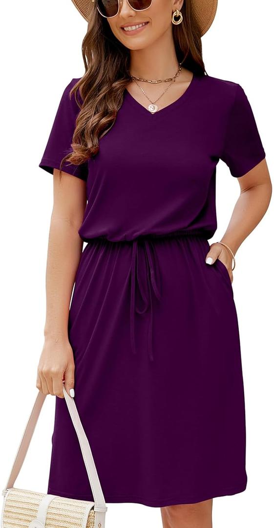 HUSKARY Women Summer Casual Midi Dresses Short Sleeve V Neck Drawstring Knee Length T Shirt Dress with Split and Pocket (X-Large, Purple)