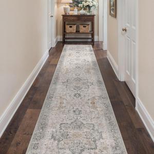 BESBLEE 2'6''x14 Runner Rugs for Hallway, Machine Washable Non Slip Vintage Rugs, Low Pile Soft Print Rug for enrtyway, Corridor, Home Office,Light Taupe Brown
