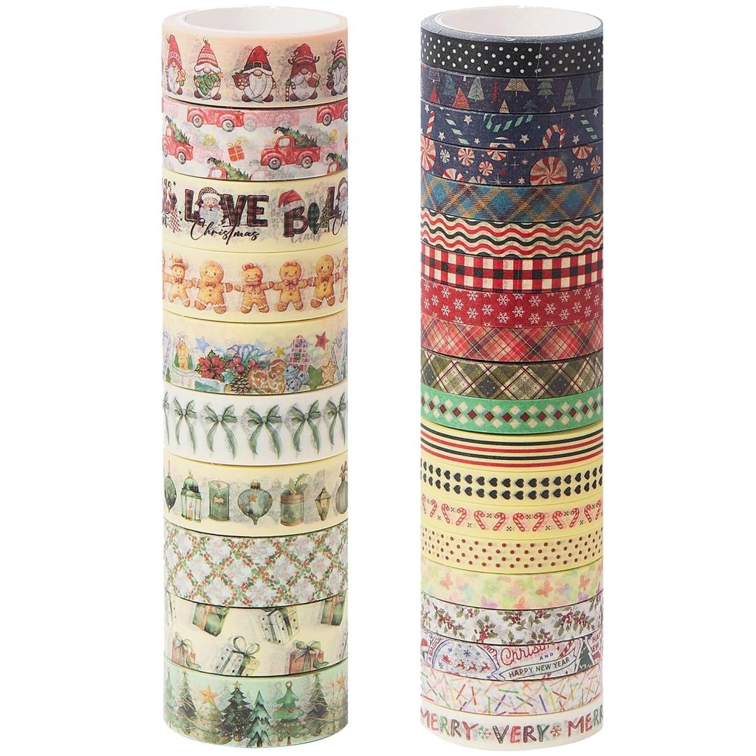 YUBX Christmas Washi Tape Set 30 Rolls Vintage Xmas Embellishment Gingerbread Decorative Skinny Masking Tapes for Arts, DIY Crafts, Journals, Planners, Scrapbook, Wrapping