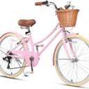 Glerc 20 24 26 Inch Beach Cruiser Bike, 6-Speed Hybrid City Bicycle for Girls Youth and Over 6 Years Old, Missy Bike with Wicker Basket & Lightweight, Multiple Colors (Pink)