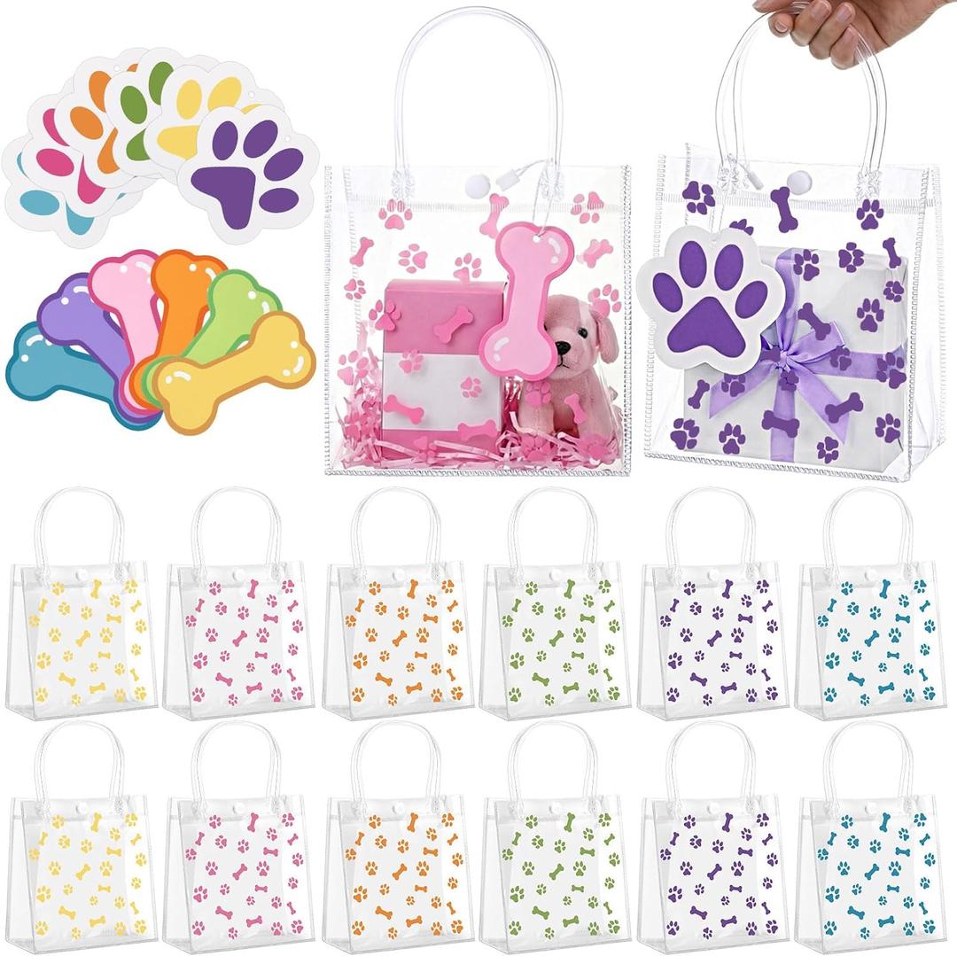 Sweetude 24 Pcs Dog Paw Clear Gift Bags with Handles Tags and Raffia Paper Shreds Puppy Pet PVC Bags Treat Tote Gift Goodie Candy Party Favors Supplies (1 count (Pack of 24))