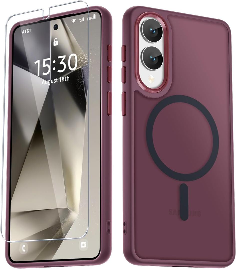 for Samsung Galaxy S25 Edge Case, Matte Magnetic Phone Case with 1 Screen Protector, Support for Magsafe, Translucent Frosted Shockproof Protective Cover for Samsung Galaxy S25 Edge, Wine Red
